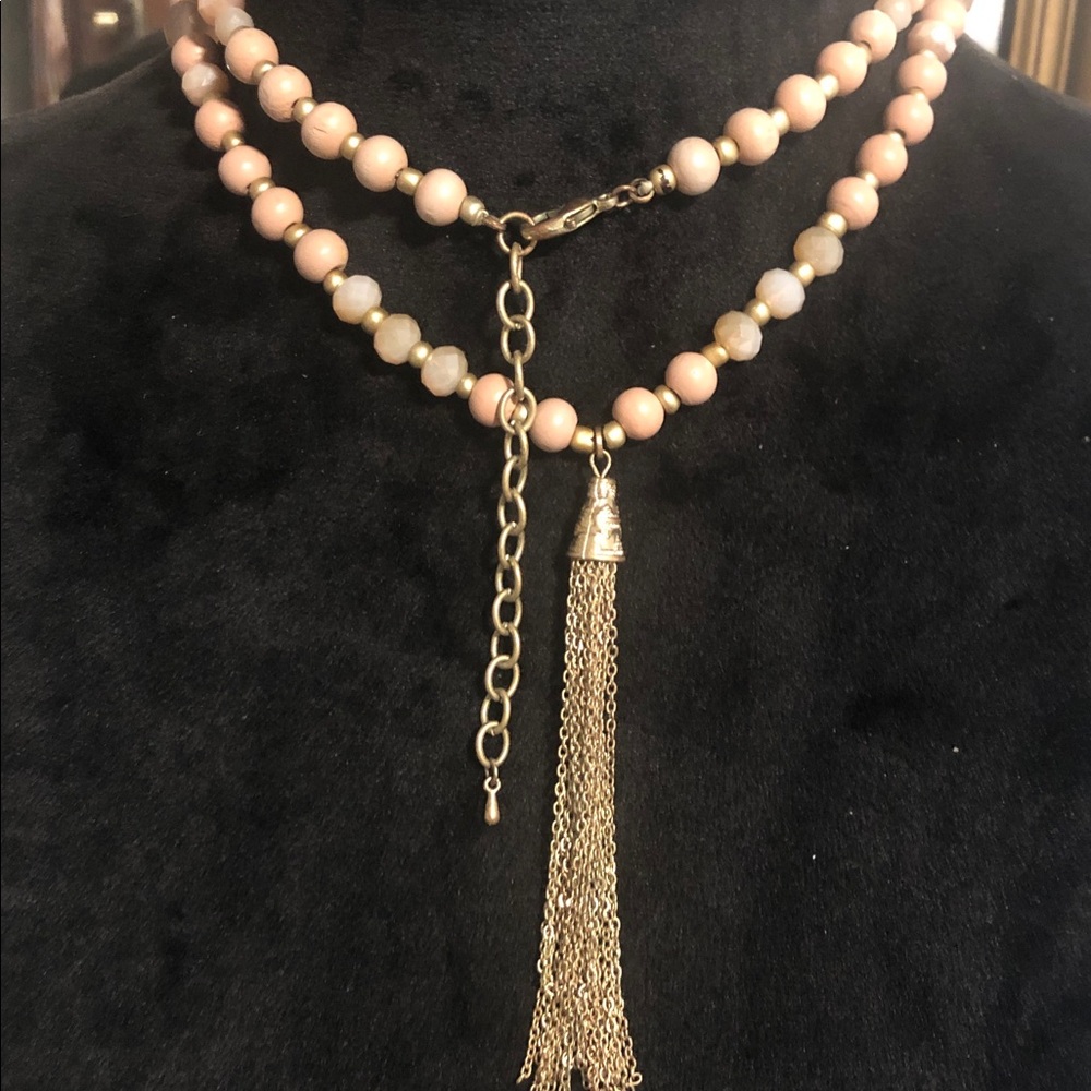 ✨ Boho Chic Pink Wood & Crystal Tassel Necklace ✨